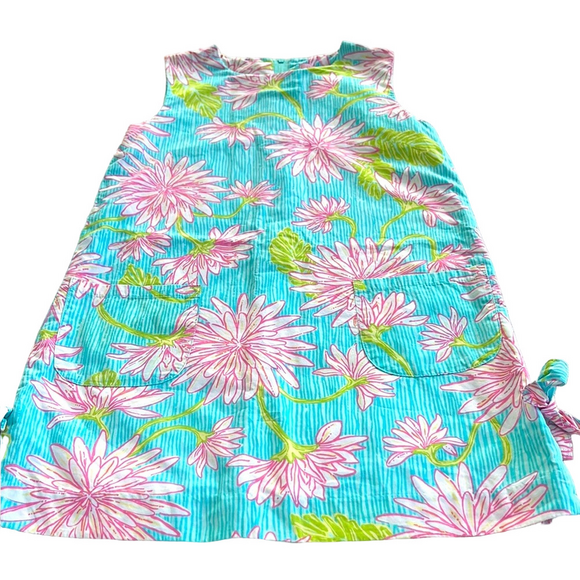 Lilly Pulitzer Other - Lilly Pulitzer Girls Size 7 Aqua Pink Floral Shift Dress Pockets & Side Tie